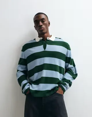 ASOS DESIGN relaxed knit long sleeve striped polo in green and blue