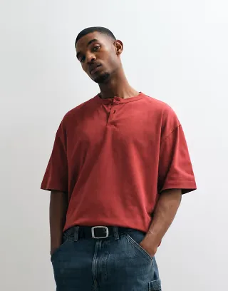 ASOS DESIGN heavyweight boxy oversized henley T-shirt in burgundy wash