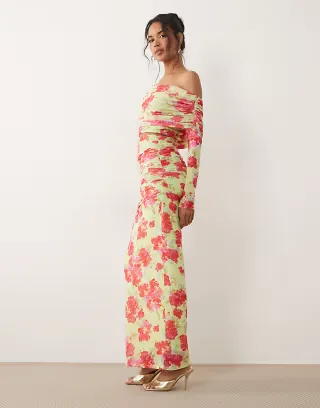 AFRM Bevin mesh elastic waist high rise maxi skirt in lime and pink floral - part of a set