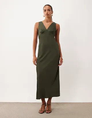Nobody's Child Joey satin plunge neck slip midi dress in dark green