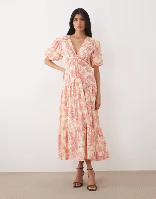 Hope & Ivy v neck puff sleeve midi dress in pink floral