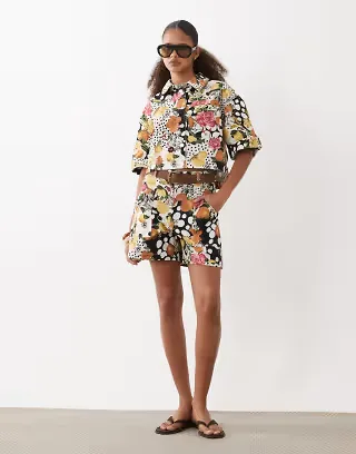 Denim boxy shirt set in print