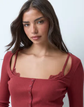 ASOS DESIGN sculpting rib button through top with lace underlayer in berry