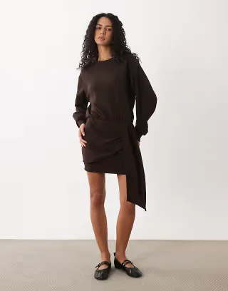 ASOS DESIGN long sleeve draped waist midi dress in brown