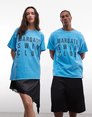 Reclaimed Vintage Unisex Margate swim club slogan t-shirt in blue