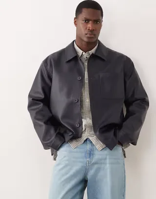 ASOS DESIGN faux leather shacket in navy