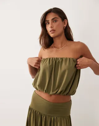 ASOS DESIGN bubble hem draped bandeau top in khaki green - part of a set