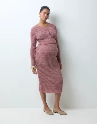 Mamalicious Maternity rib knitted midi skirt set in rose taupe melange
