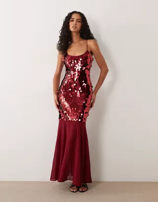 Never Fully Dressed sequin cami chiffon skirt maxi dress in burgundy