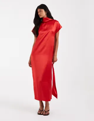 ASOS DESIGN high neck satin maxi dress with scarf in red