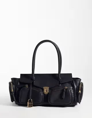 Glamorous multi pocket shoulder bag with padlock in black