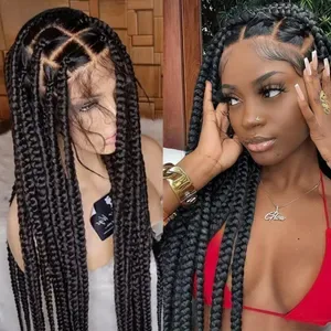 360 Knotless Box Braids Lace Front Wig - Super Long Synthetic Braided Wig with 13x4 HD Full Lace Frontal for Black Women