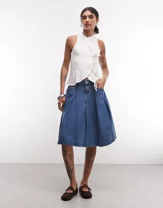 Reclaimed Vintage denim pleated midi skirt in indigo