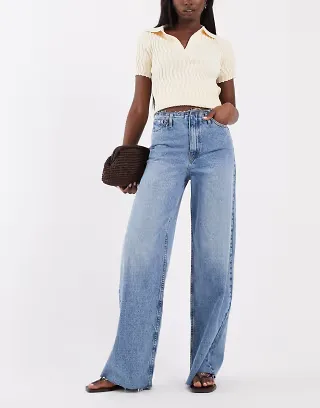 ASOS DESIGN low rise raw waistband straight leg jeans in blue wash