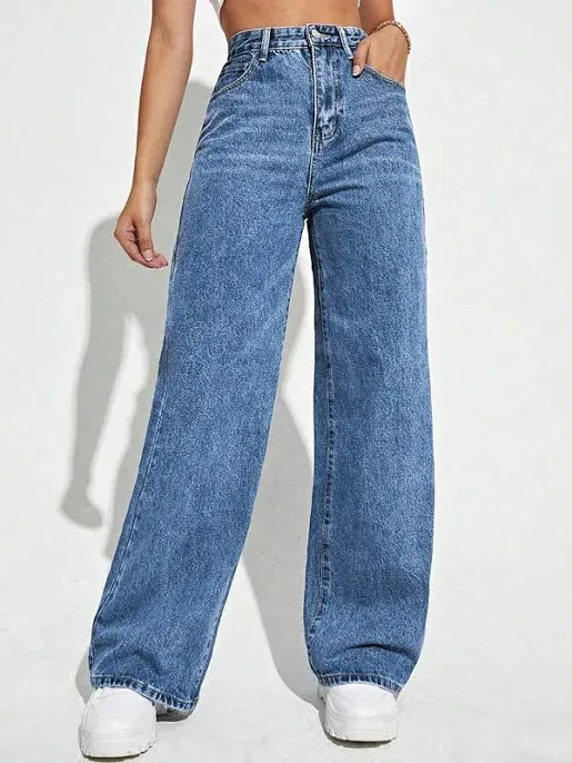 SHEIN Medium Wash Loose Fit Wide Leg Jeans Women's Baggy Flared High Waist Pocket Denim Casual Daily Versatile Straight,