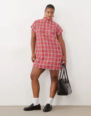 ASOS DESIGN Curve high funnel neck mini dress in red boucle