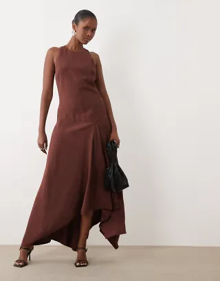 ASOS DESIGN sleeveless racer neck handkerchief hem maxi dress in brown