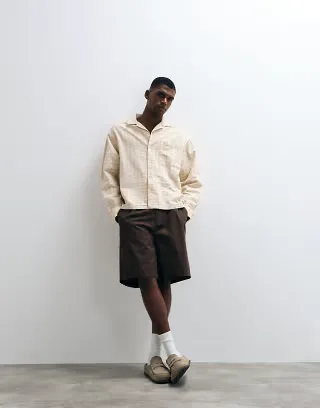 ASOS DESIGN boxy oversized plaid revere shirt in beige