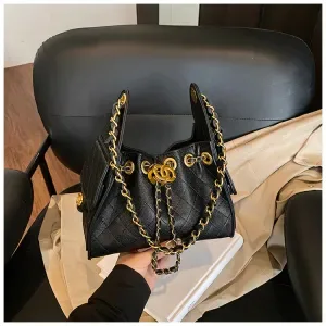 Prluxury Quilted Chain Bucket Bag for Women - Large Capacity Shoulder Purse, Underarm Motorcycle Style