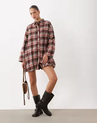 ASOS DESIGN wide cuff shirt mini dress with bubble hem in red plaid