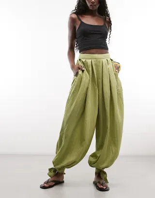 ASOS DESIGN tie detail soft barrel pants in green stripe