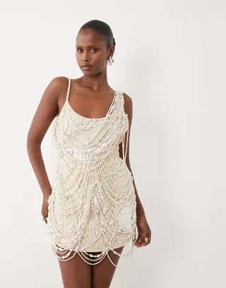 ASOS DESIGN premium draped faux-pearl mini dress in ivory