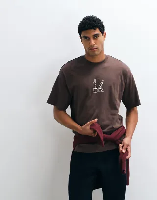 Selected relaxed fit T-shirt with cream coffee club print in brown