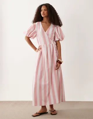 YAS puff sleeve wrap front full skirted midi dress in pink and white stripe print