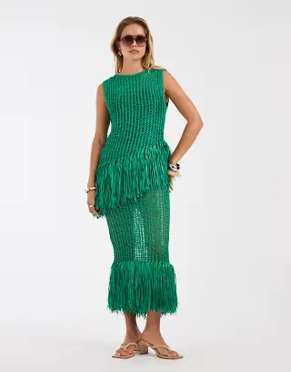ASOS DESIGN fringe hem open stitch skirt in green - part of a set