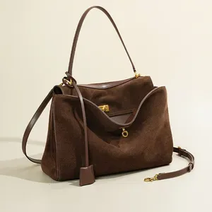 Designer Brown Suede Tote Bag for Women - Roomy Shoulder Handbag with Metal Hardware