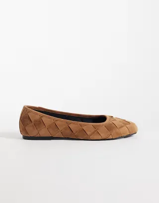ASOS DESIGN Lowell premium suede woven ballet flats in tan