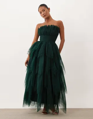 Lace & Beads Petite tulle bandeau tiered maxi dress in emerald
