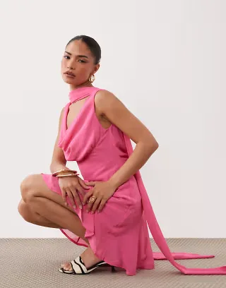 Never Fully Dressed Petite Sophie chiffon cowl neck scarf detail mini dress in pink