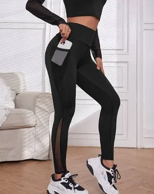 SHEIN Black Contrast Mesh Sports Leggings Women's High Waisted Gym High Waist Phone Pocket Yoga Workout Activewear Pants