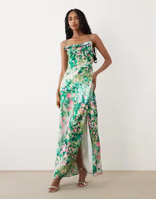 Hope & Ivy satin cami cowl neck open tie back maxi dress in green floral