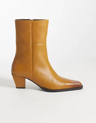 ASOS DESIGN Reid premium clean mid heel boots in tan leather