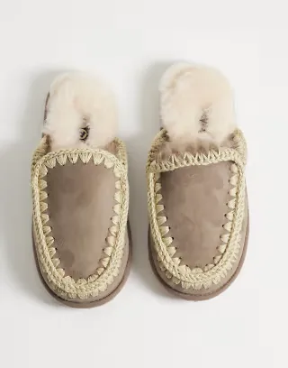 Mou shearling lined overstitch suede slippers in elephant gray