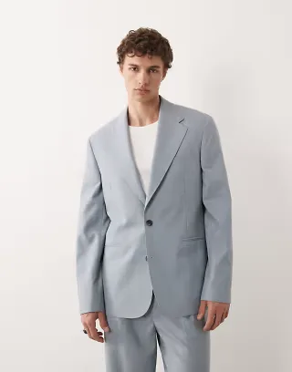 ASOS DESIGN premium slim suit jacket in light blue linen and wool