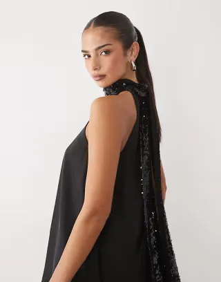 Pretty Lavish sequin high neck scarf detail asymmetric top in black