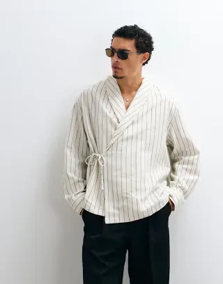 ASOS DESIGN oversized wrap tie striped shirt in linen look in ecru