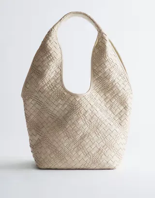 & Other Stories pure leather braided shopper tote in light stone beige