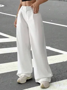 SHEIN White Cargo Wide Leg Pants Women's Slacks Trousers Loose Fit Oversize Polyester Mid Waist Vintage Casual Daily Spr