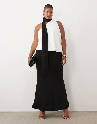 ASOS DESIGN Curve one shoulder with tie neck maxi dress in mono color block