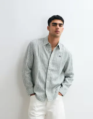 Abercrombie & Fitch 100% linen long sleeve shirt in green stripes