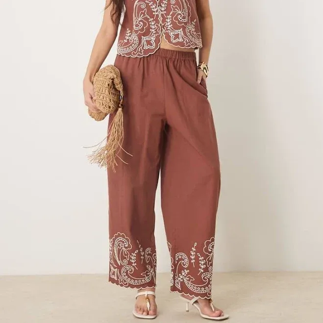 ASOS Design Linen Blend Wide Leg Scallop Edge embroidered Pants