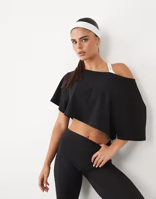 4505 quick dry cotton off-the-shoulder crop T-shirt in black