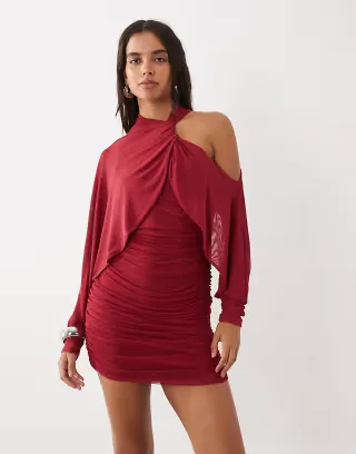 ASOS DESIGN mesh asymmetric ruched mini dress with batwing sleeve in wine