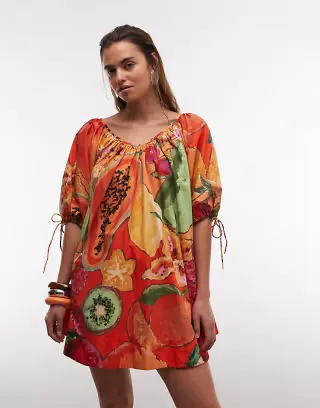 ASOS DESIGN scoop neck poplin mini dress with tie sleeves in print