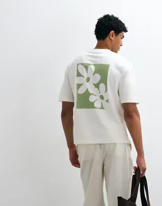 Selected heavyweight relaxed fit T-shirt with green abstract flower backprint in cream