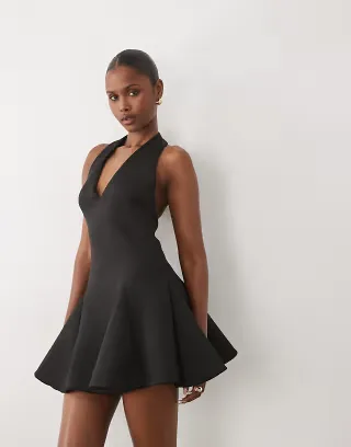 ASOS DESIGN plunge neck structured full skirt mini dress in black scuba-style fabric